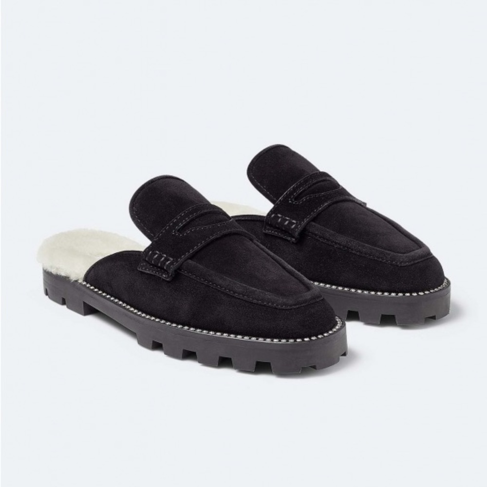 Jimmy Choo Ronnie Mules Slippers Loafers Black Shearling Suede Rhinestone Mules